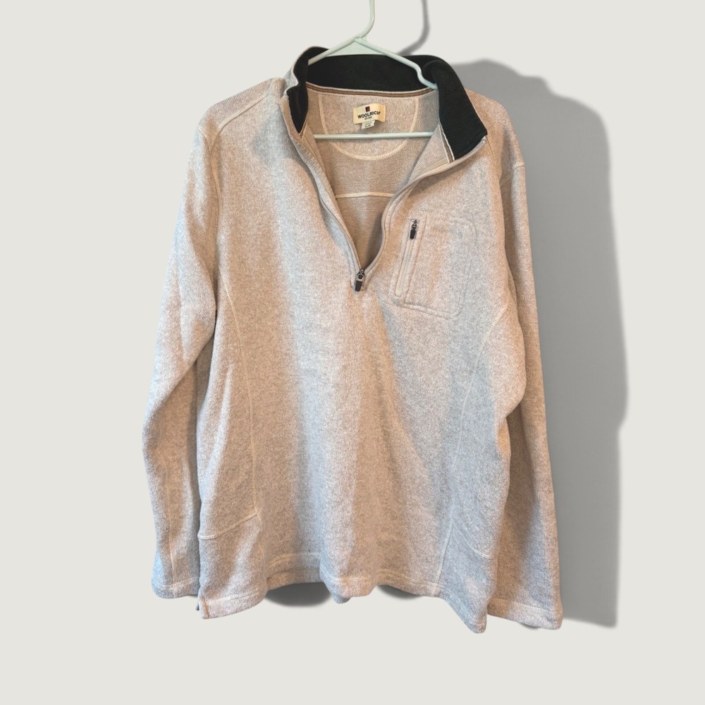Woolrich Mens XL Oatmeal Heather Quarter Zip Knit Pullover Chest Pocket